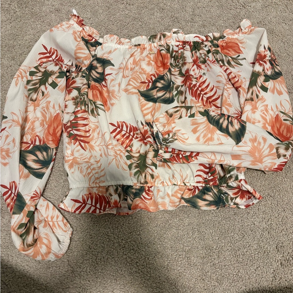 Guess Floral Off-Shoulder Blouse - White and Coral - Picture 2 of 5
